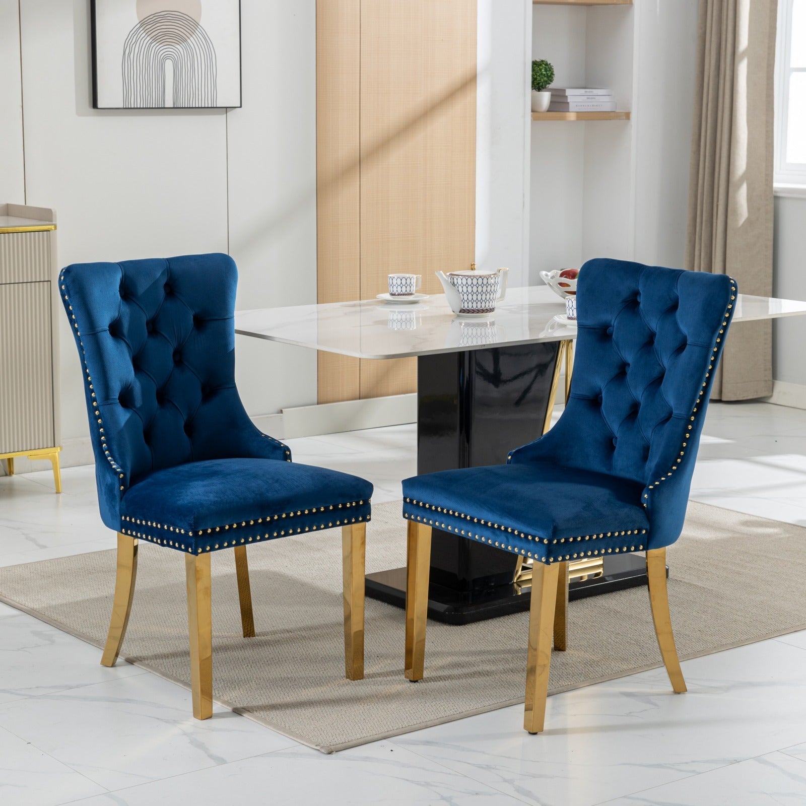 Dining Chair Set of 2 Tufted Velvet Upholstered Golden Legs Nailhead Trim - Blue