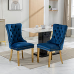 Dining Chair Set of 2 Tufted Velvet Upholstered Golden Legs Nailhead Trim - Blue