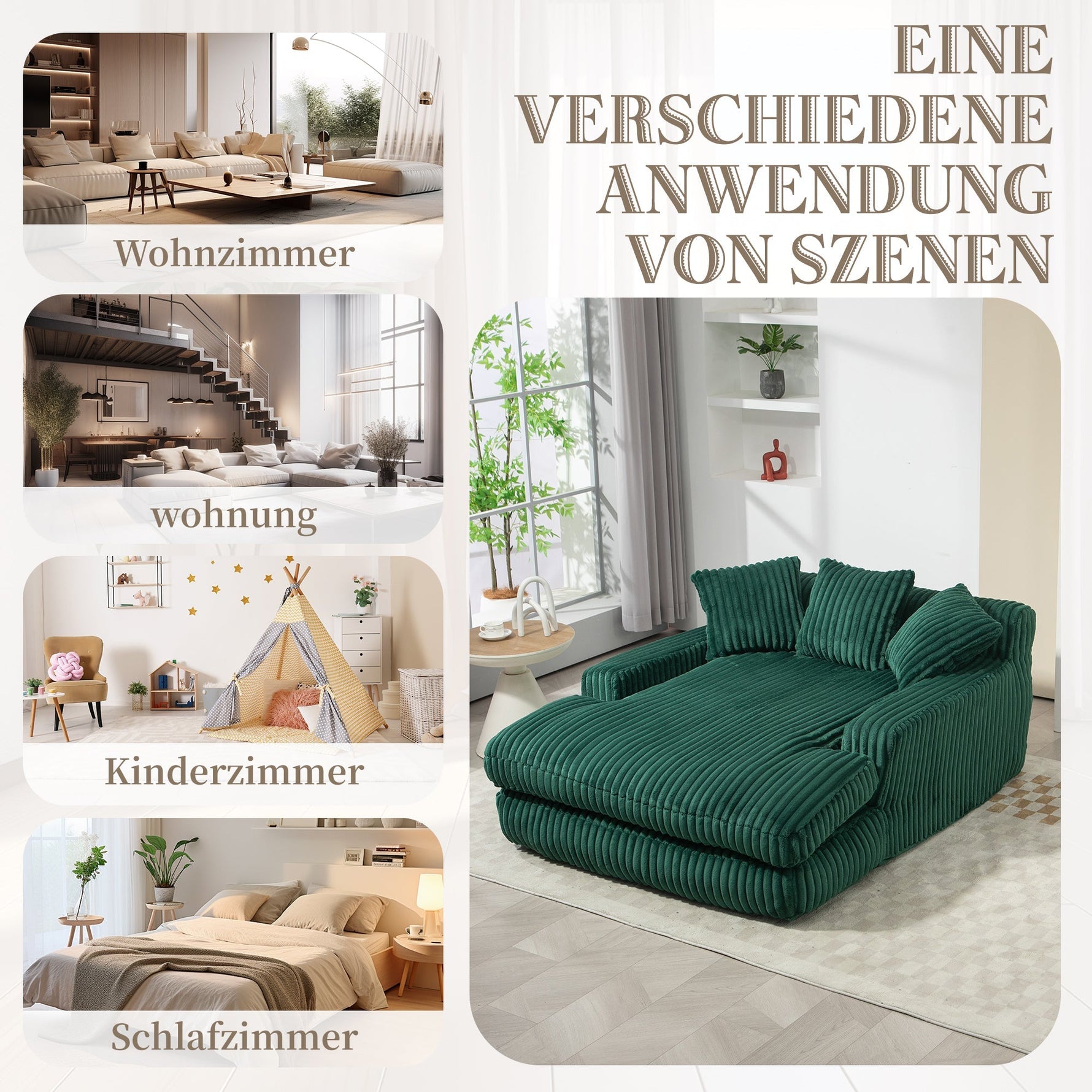 Sofa Bed, Cloud Couch with 3 Soft Pillows, Single Seat, Corduroy Emerald