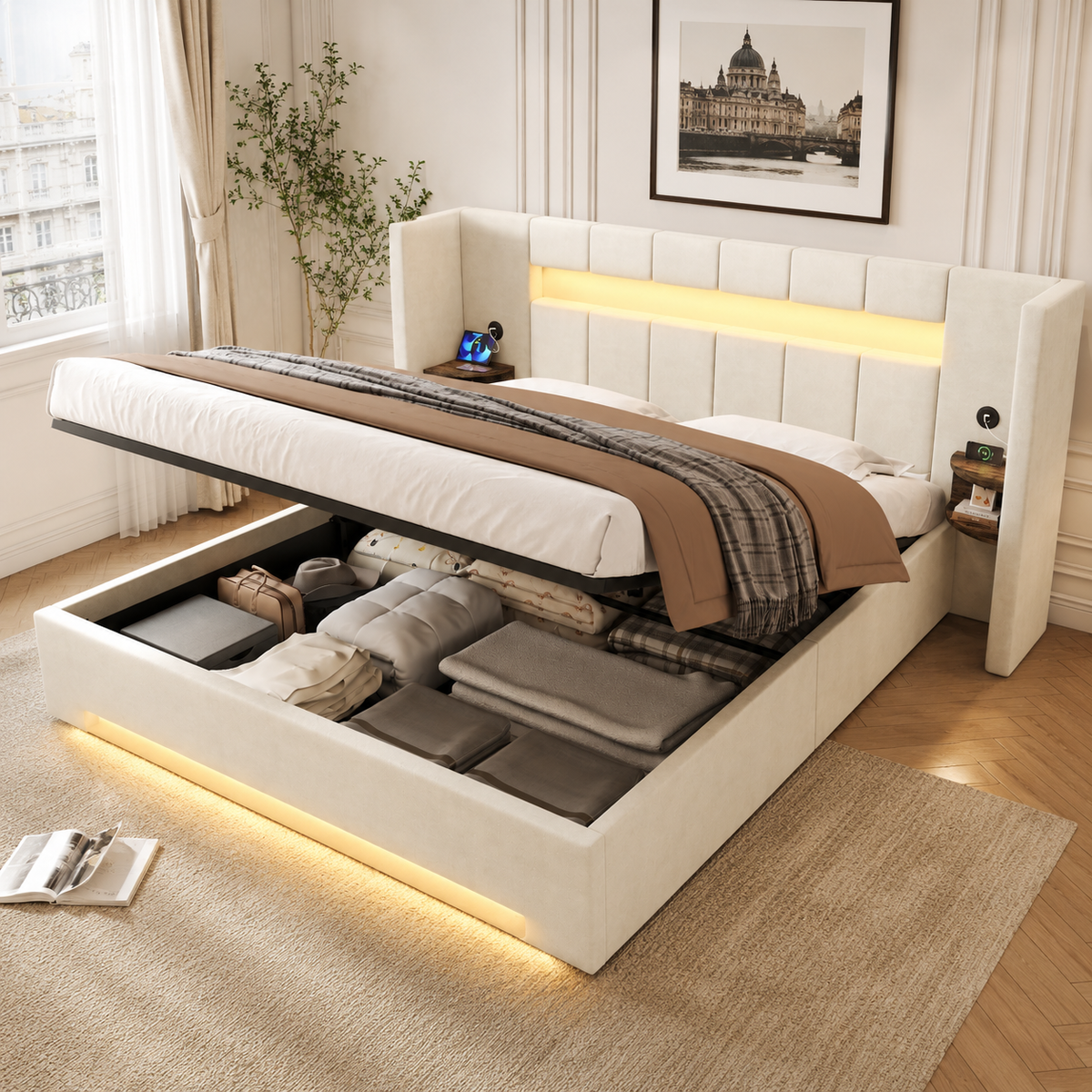 Multifunctional Bed Frame 160x200cm LED Hydraulic Storage Velvet