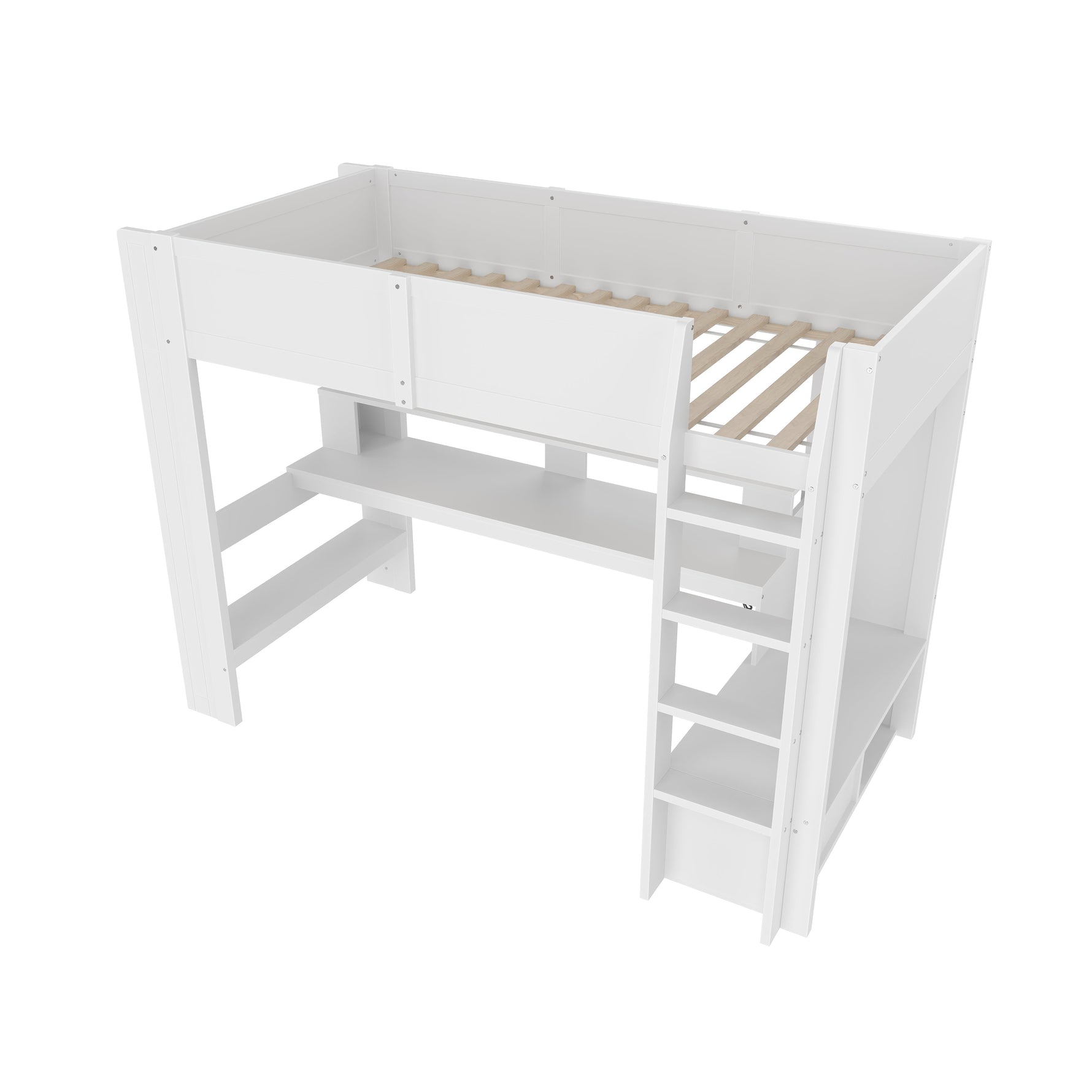Loft Bed with Gaming Desk, LED Lights and Storage Shelves, White