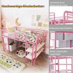 Children's Loft Bed with Metal Frame, Storage Drawers and Shelves, Pink