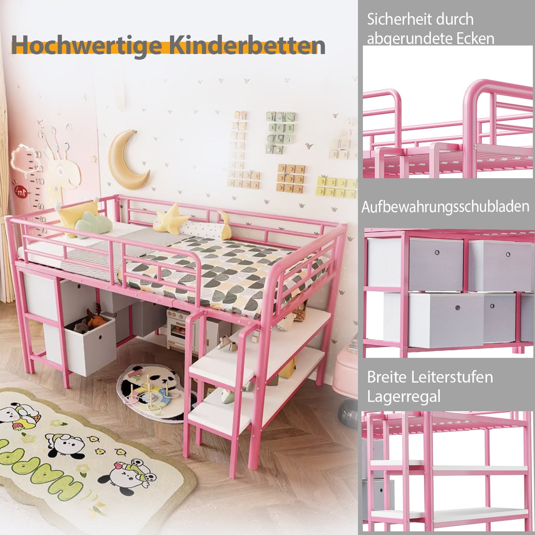 Children's Loft Bed with Metal Frame, Storage Drawers and Shelves, Pink