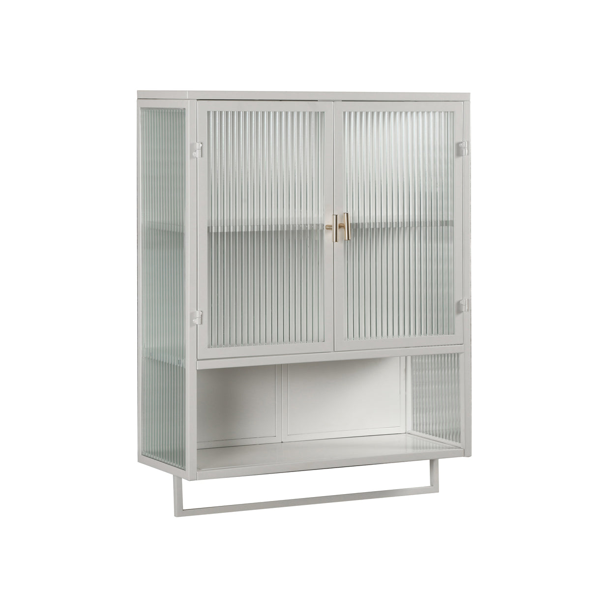60CM Wall Cabinet with Glass Doors, Two-tier Enclosed Storage, Open Shelf, Towel Rack, White