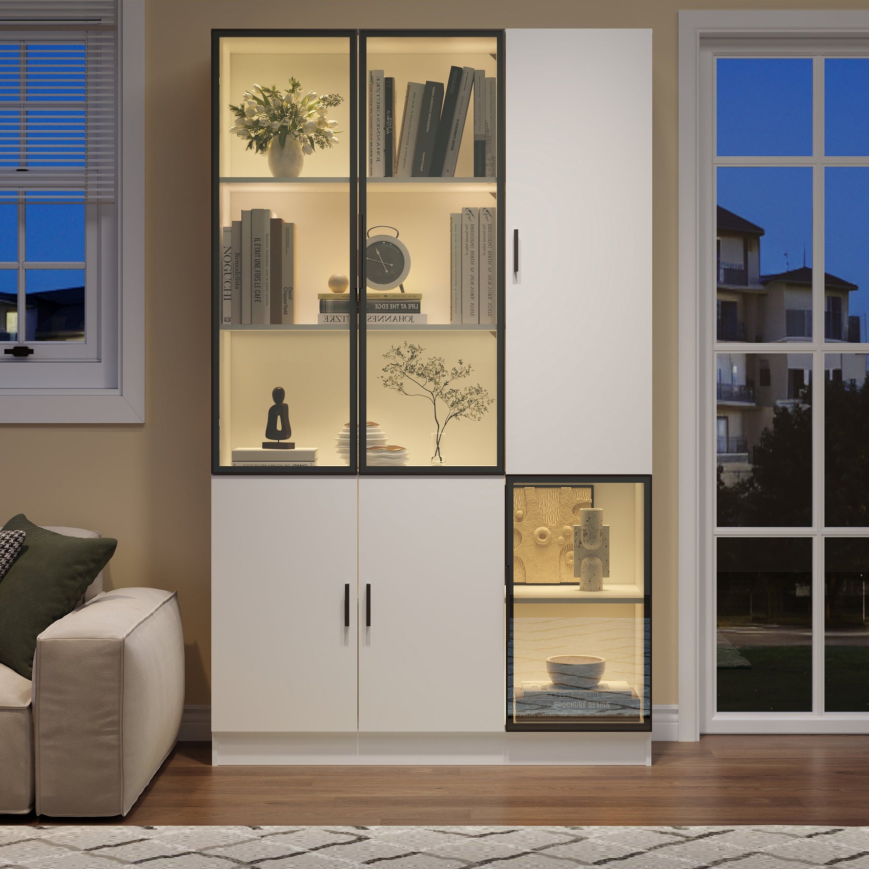 Glass Display Cabinet with LED Lights and 10 Storage Compartments, White and Glass