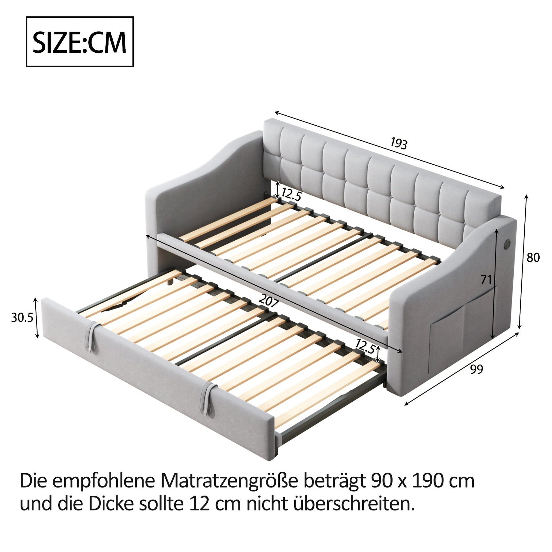 Upholstered Bed Sofa, 2-in-1 Multifunctional with Socket & Storage Bag, Light Grey Velvet