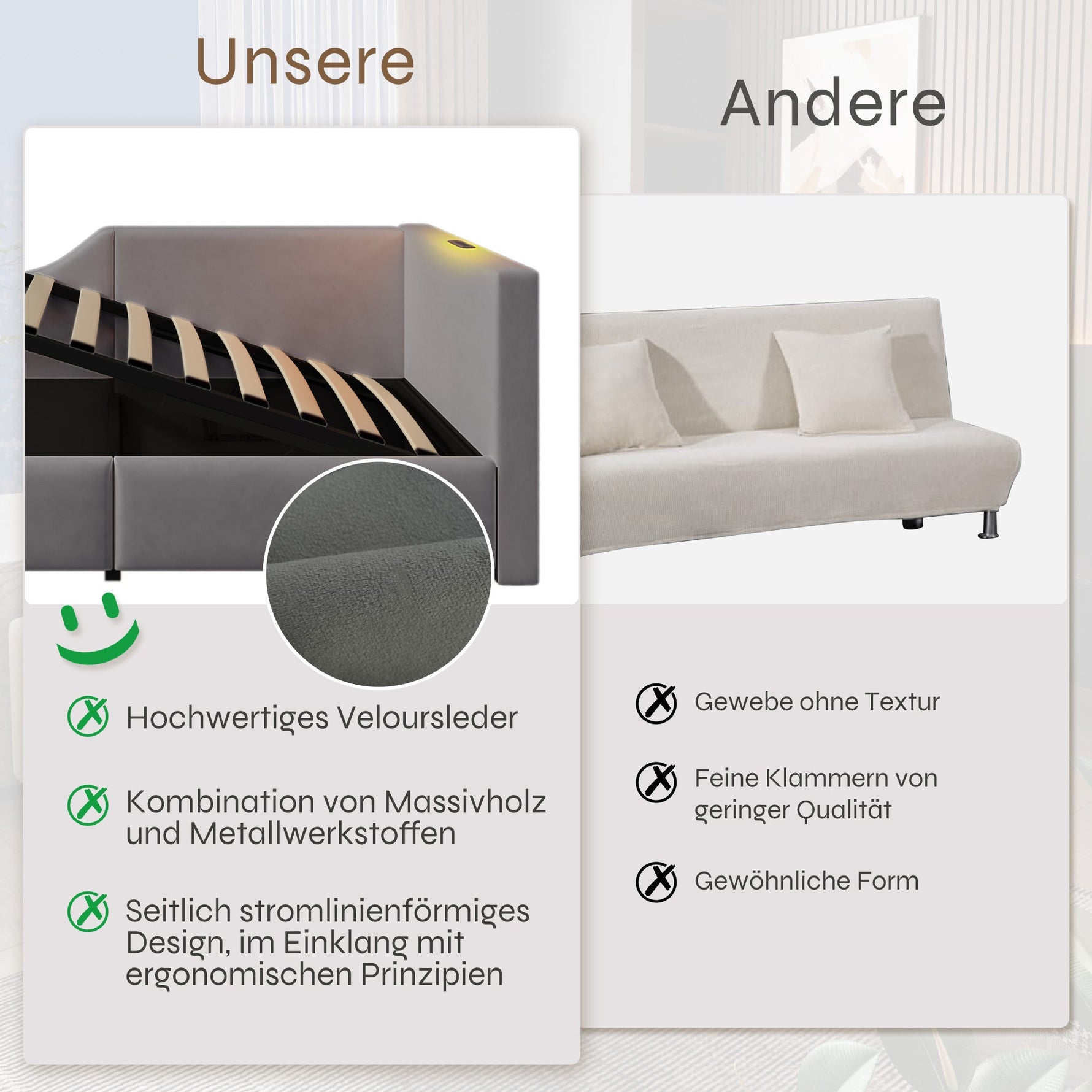 Upholstered Daybed 90x190cm, Sofa Bed with Hydraulic Storage & USB-C, Velvet Grey