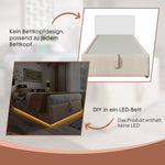 Upholstered Single Bed, 90x190 cm with USB-C and Slatted Frame, Natural Linen