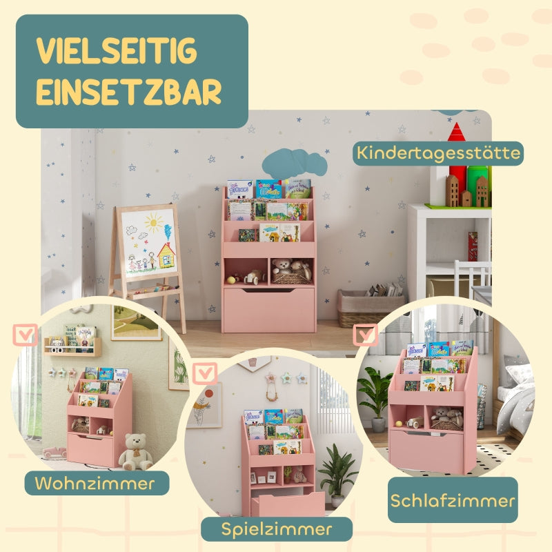 Children's Bookcase 3 Shelves 2 Open Compartments with Drawer Storage Shelf Pink