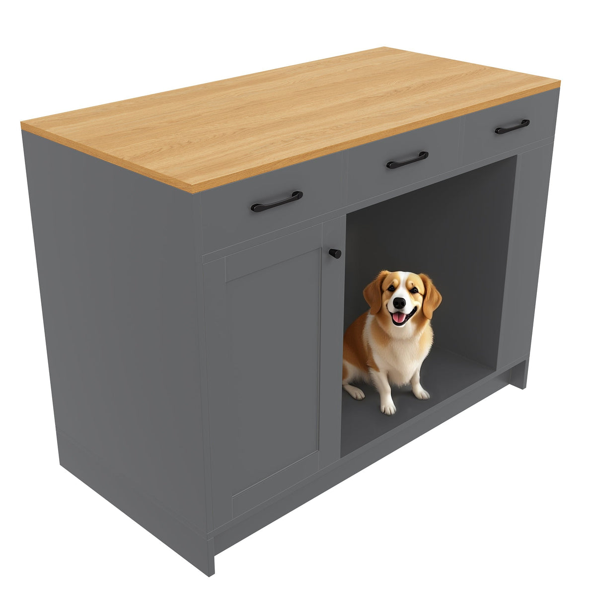 Kitchen Island with 3 Drawers, Spice Rack and Pet Storage Area, Grey
