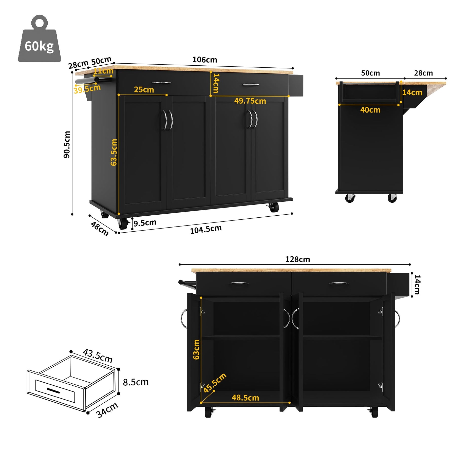 Modern Kitchen Island Multifunctional Dining Cart Storage - Black