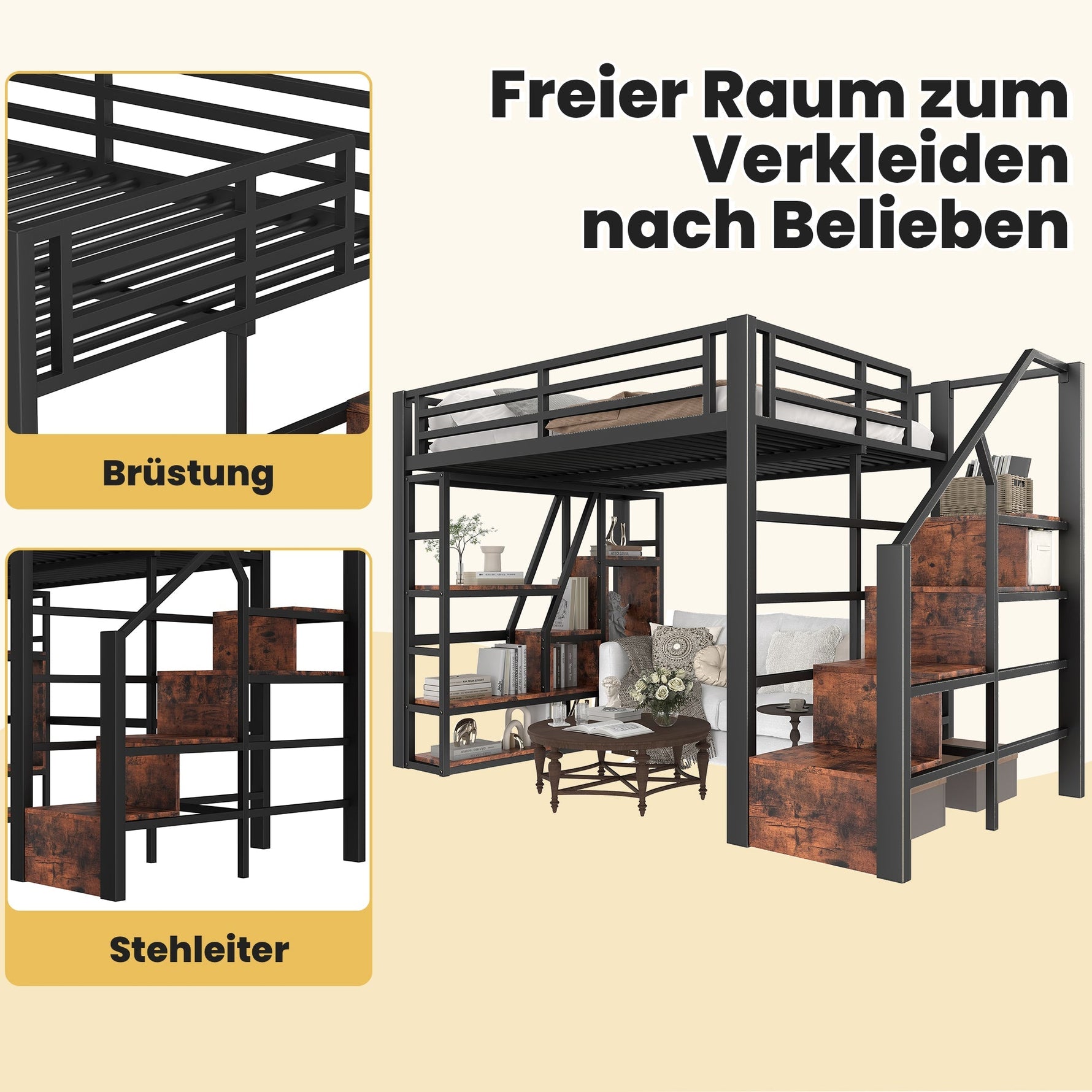 Loft Bed 140x200cm Iron Frame, Storage, Steps, LED, Black