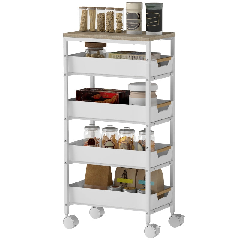 Kitchen Cart 5-Tier Rolling, 4 Drawers, White Wood Effect