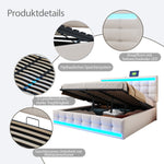 Upholstered Bed, Hydraulic Storage with USB & LED Light Strip, Beige Linen