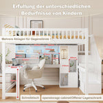 Loft Bed with LED Lights, Storage Ladder, Shelves and Desk, 140x200cm, White