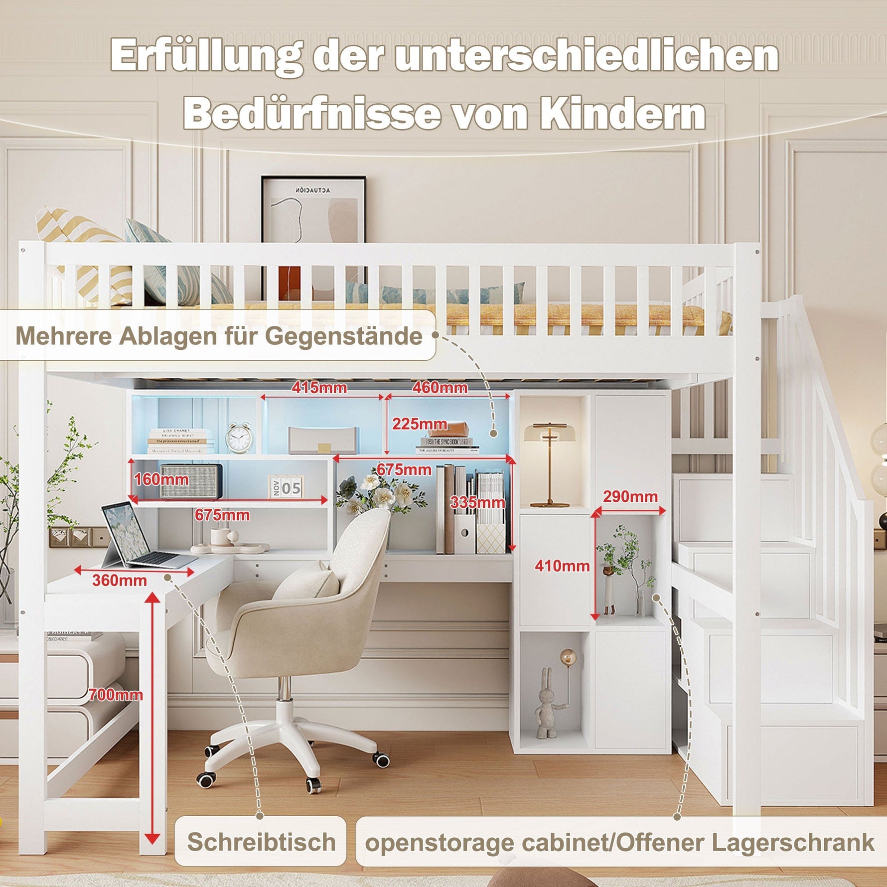 Loft Bed with LED Lights, Storage Ladder, Shelves and Desk, 140x200cm, White