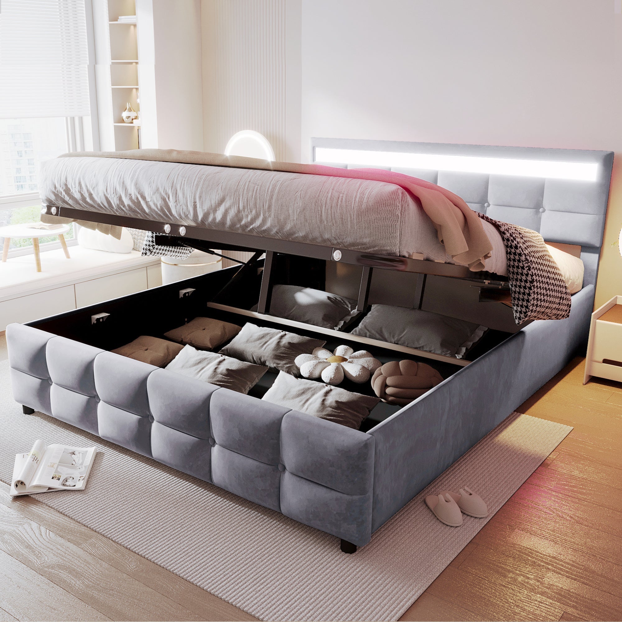 Upholstered Bed with LED Lights, Slatted Frame, Hydraulic, Dutch Velvet Fabric, Grey
