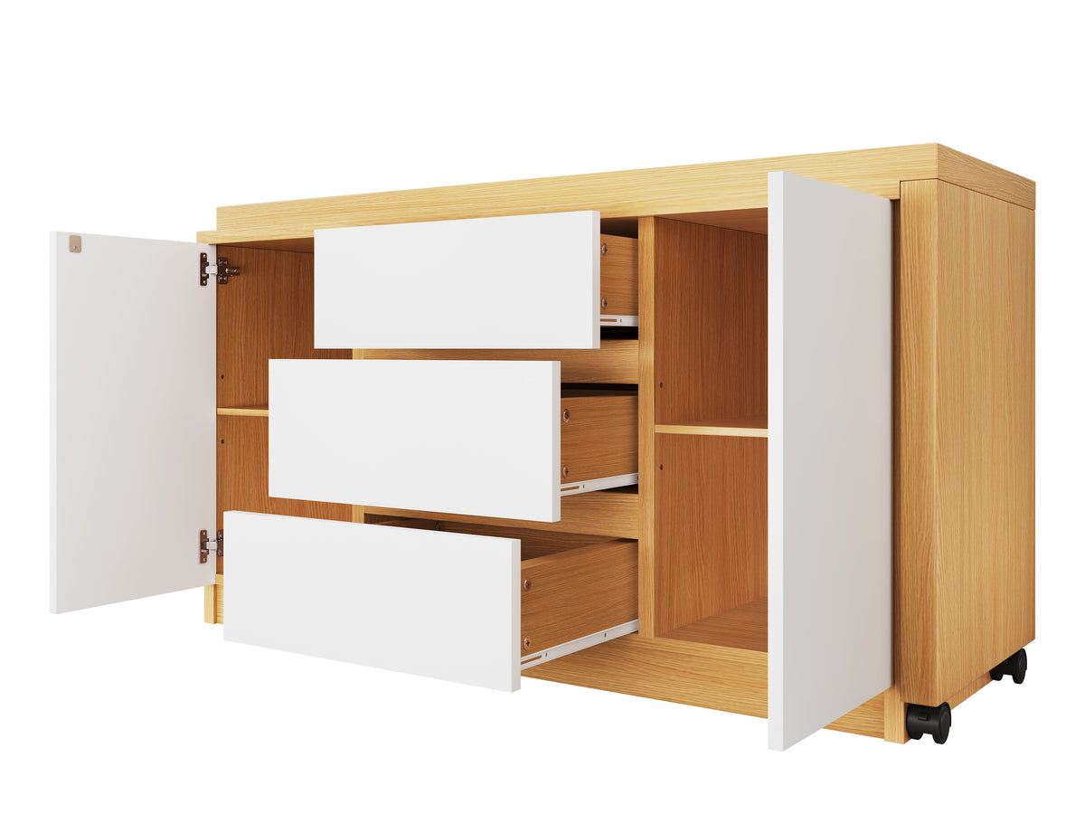 Desk, Multifunctional Rotating, Lockable Casters, White/Oak