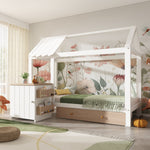 House Bed Children's Bed 90x200cm Solid Wood with Drawers & Removable Nightstand - White & Oak White