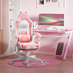 Gaming Chair with Lumbar Support, Footrest, Cat Ears, Pink