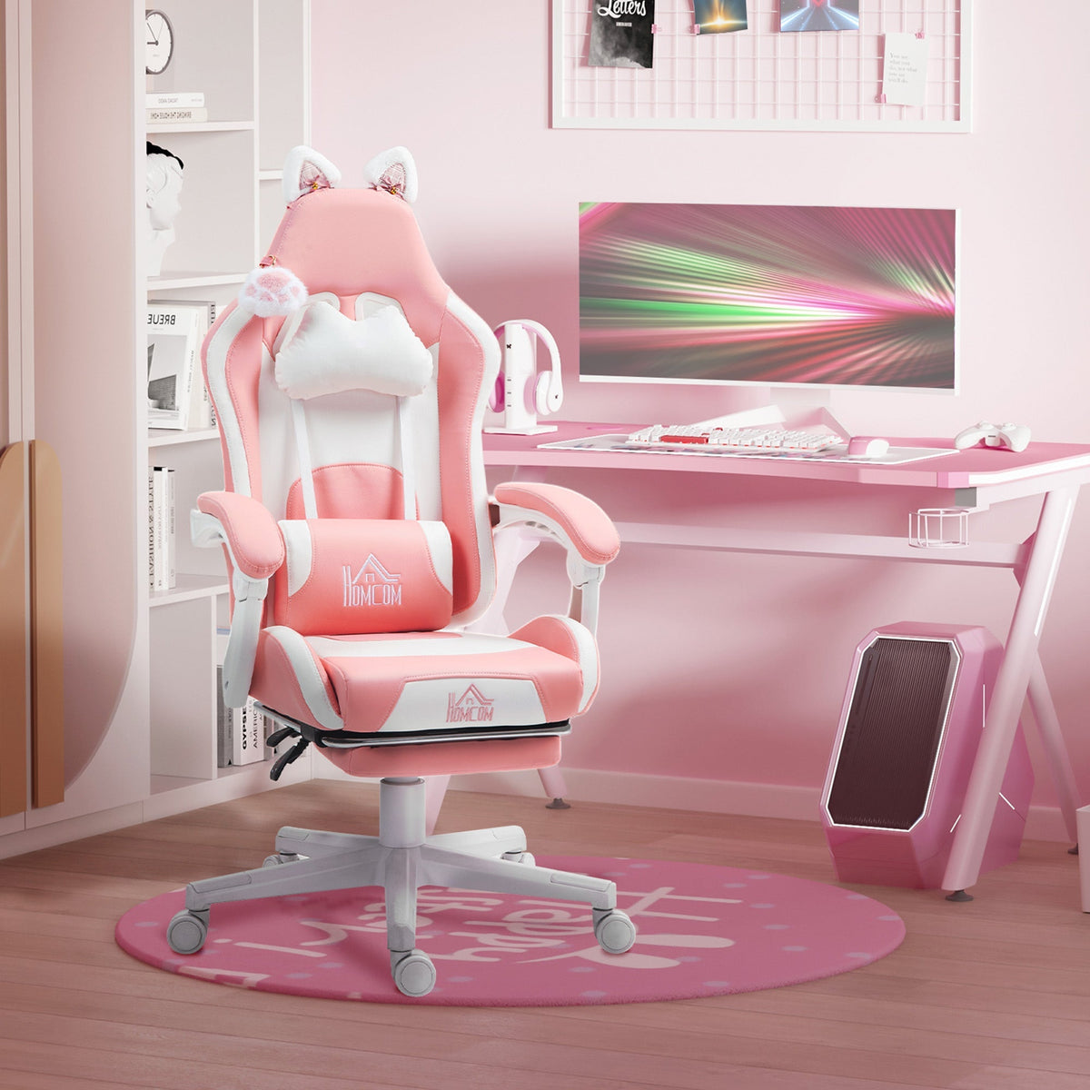 Gaming Chair with Lumbar Support, Footrest, Cat Ears, Pink