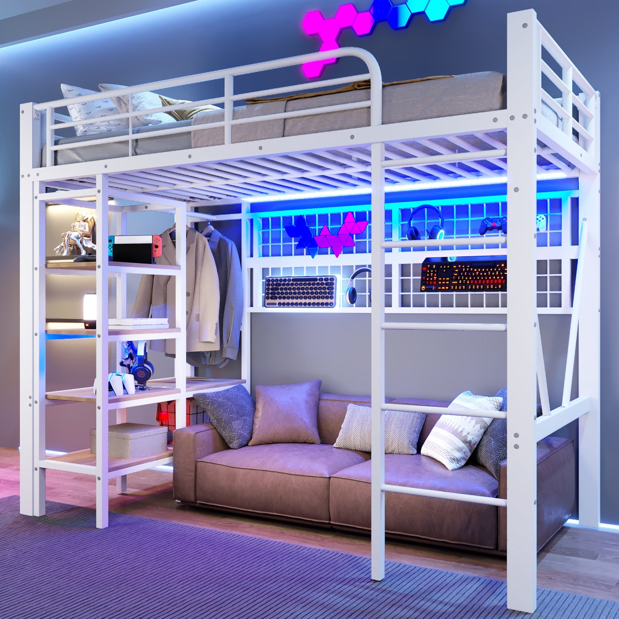 Loft Bed with Storage Compartment, LED Light Strip and Clothes Rail, White Iron Frame