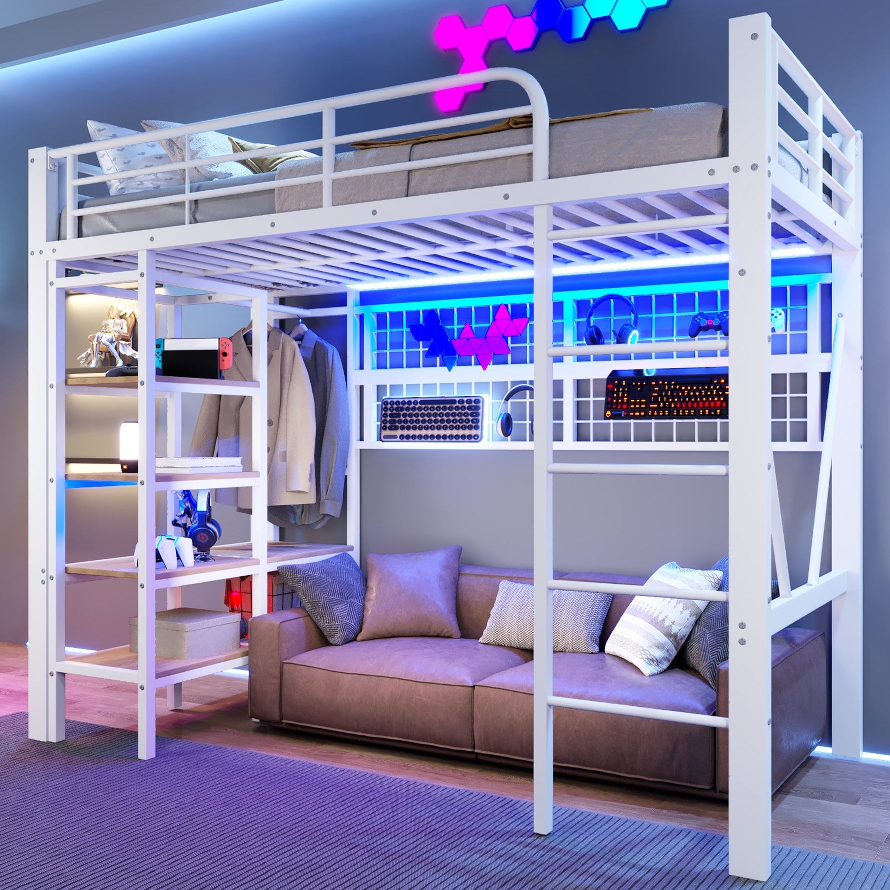 Loft Bed with Storage Compartment, LED Light Strip and Clothes Rail, White Iron Frame