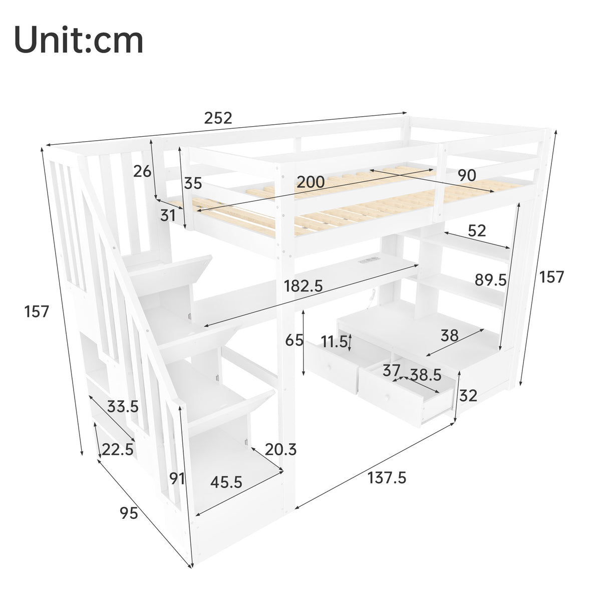 Loft Bed 90x200 with Desk, Shelves & Storage Stairs, White