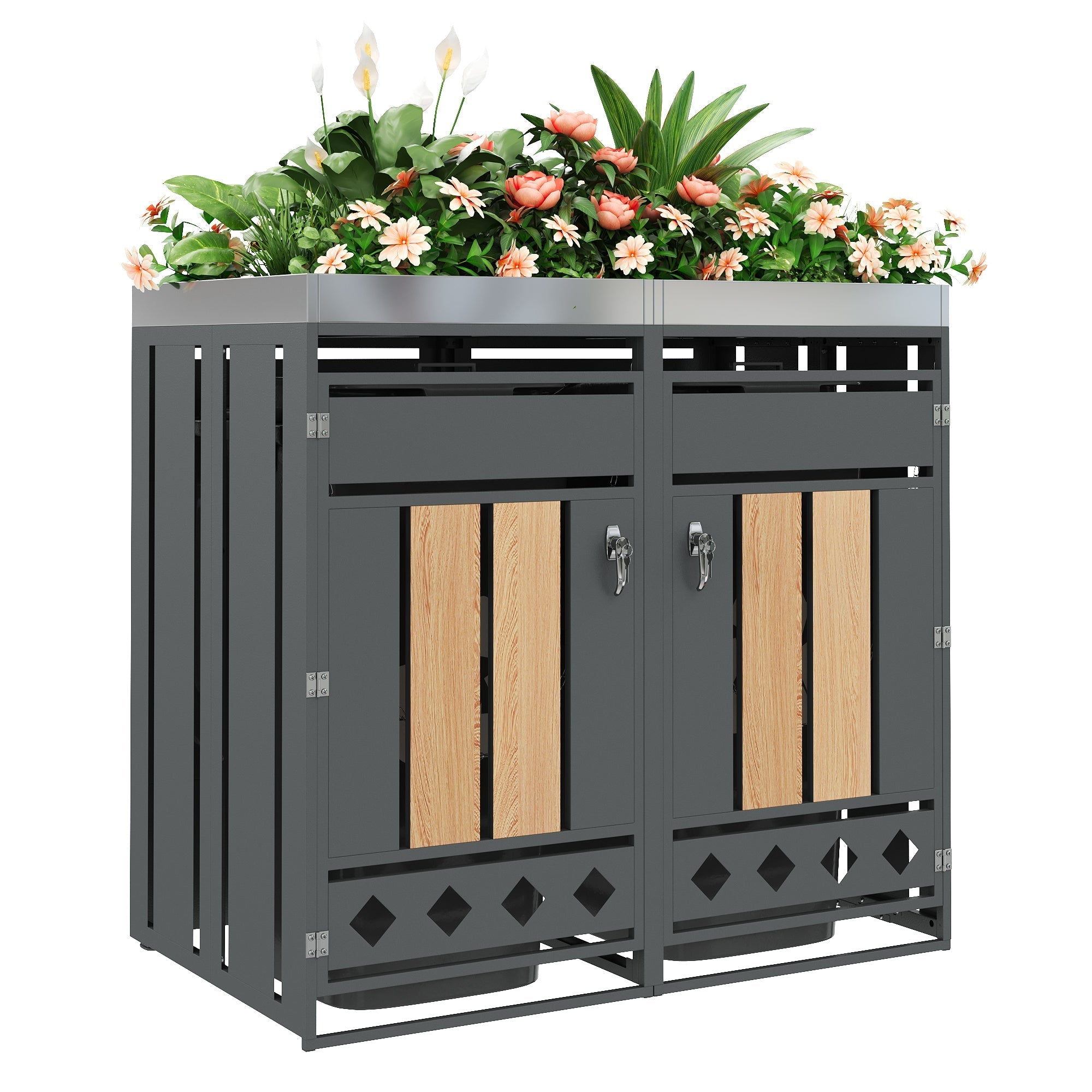 Bin Storage Unit with Planting Area, Lockable Two Doors and Hollow Base, Wood Grain Wood