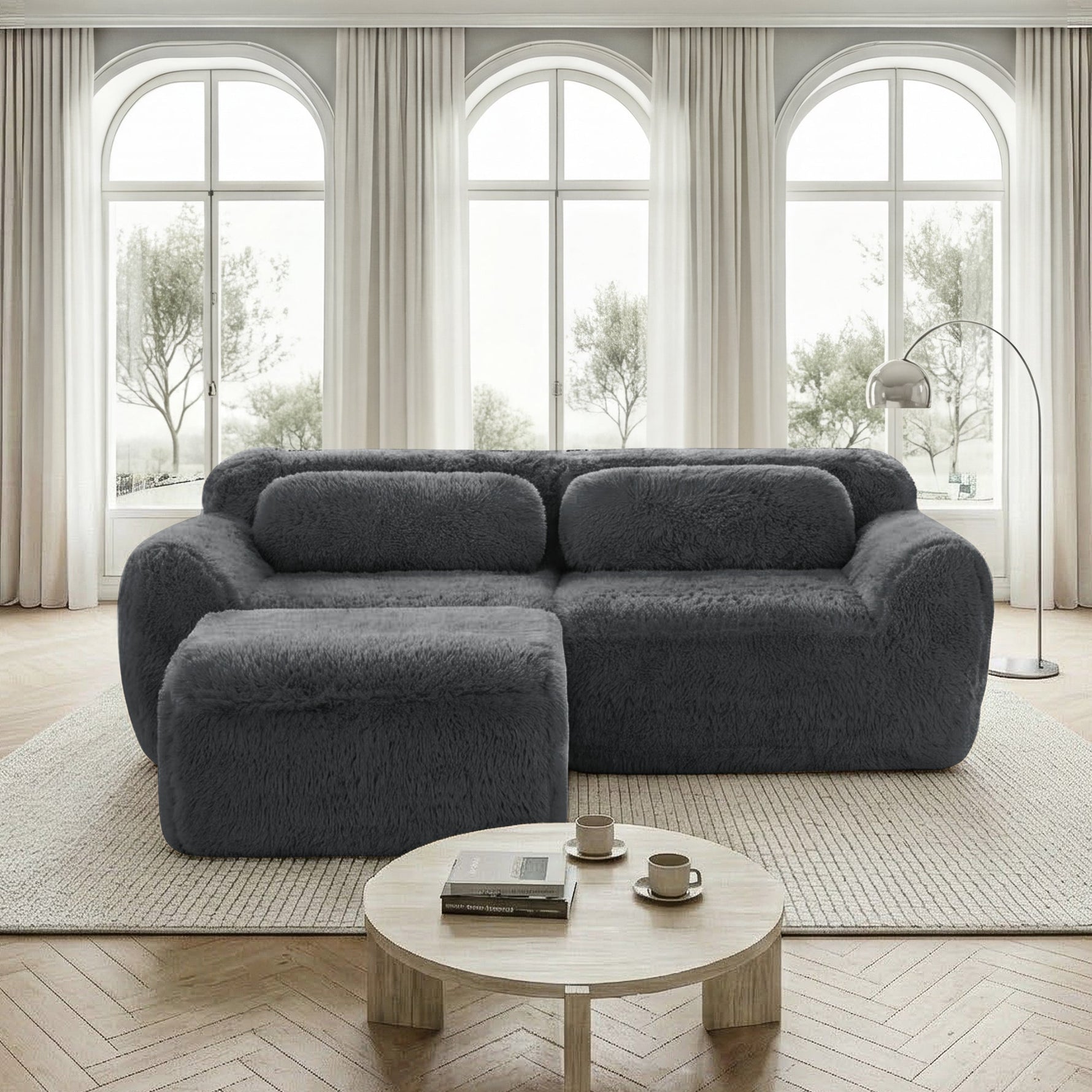 L-shaped 2-Seater Sofa, Modular Plush Fabric, Grey