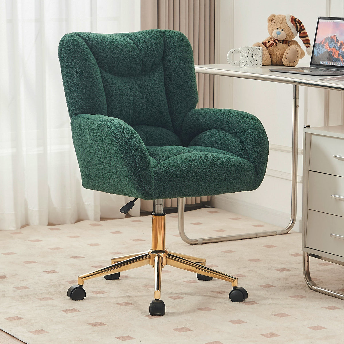 Swivel Chair Adjustable Height Gold Legs Teddy Fabric - Green