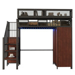 Metal Loft Bed 90 x 200 cm with Wardrobe, Safety Ladder and LED Lighting, Black