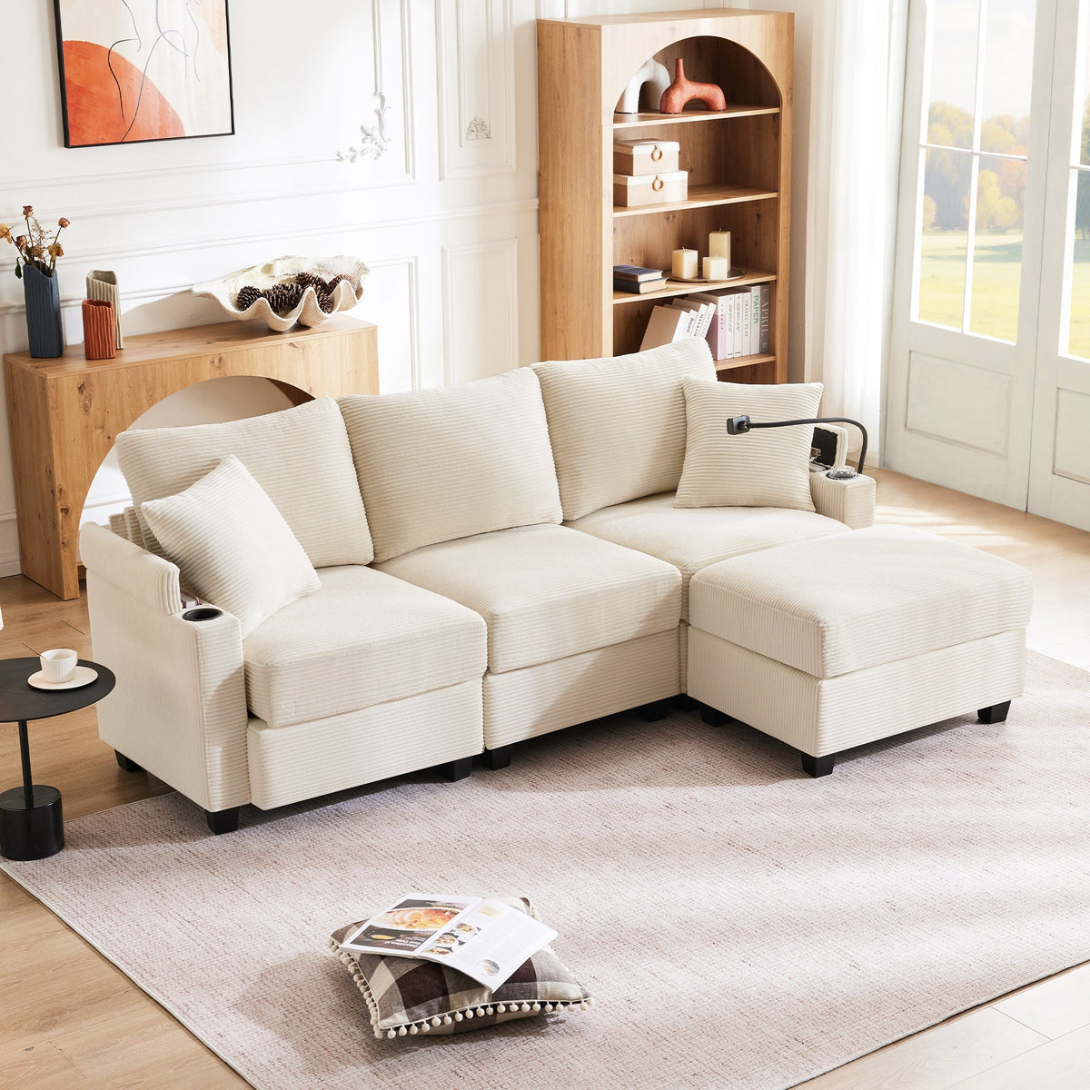 L-shaped Corner Sofa, Convertible 3-Seater with Footstool, Cup Holder, USB Charger, Armrest Storage, Beige