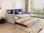 Upholstered Sofa Bed 90x190cm with Storage Headboard, LED Lights and Charging Ports, Velvet, Light Grey