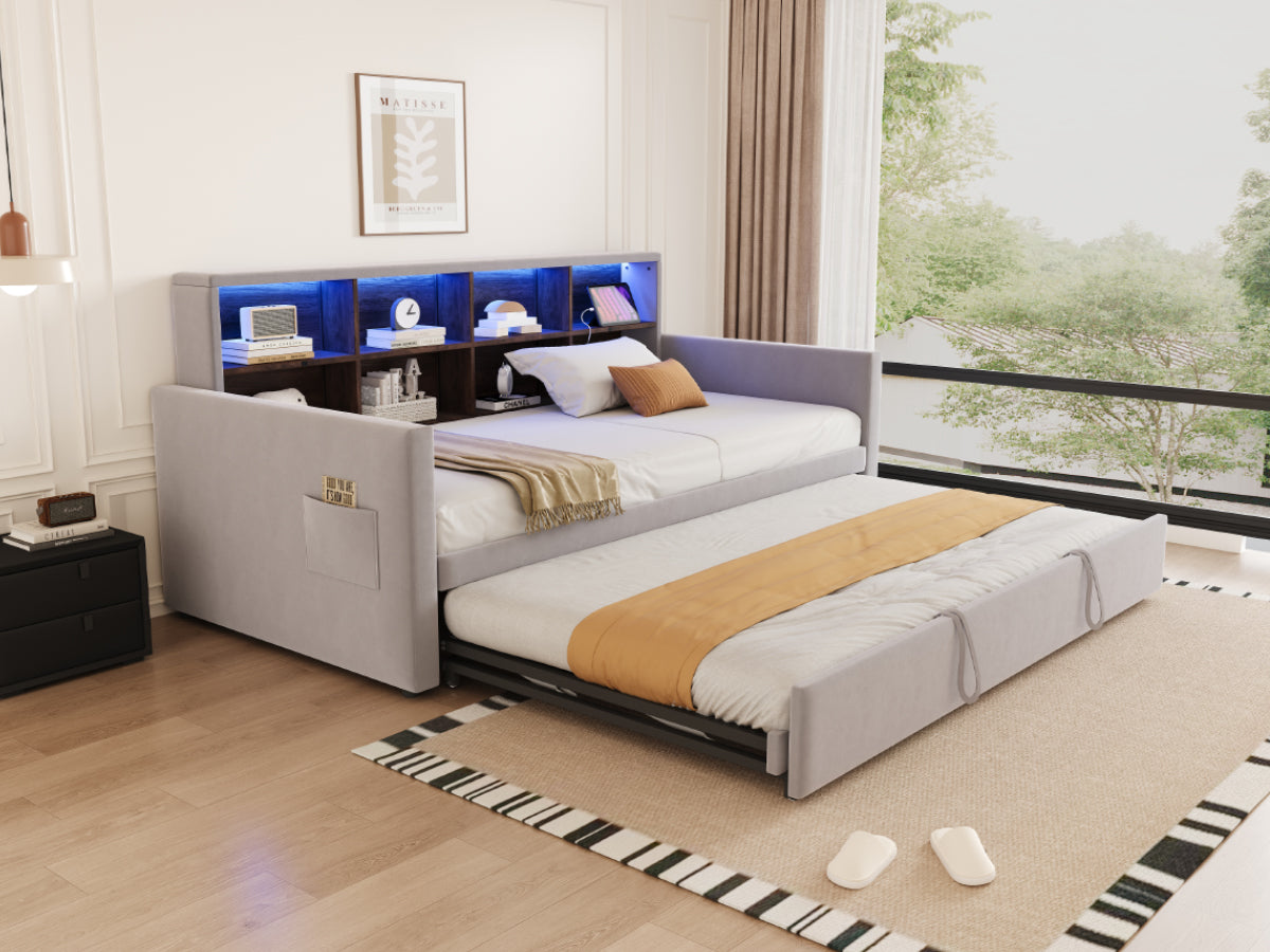 Upholstered Sofa Bed 90x190cm with Storage Headboard, LED Lights and Charging Ports, Velvet, Light Grey