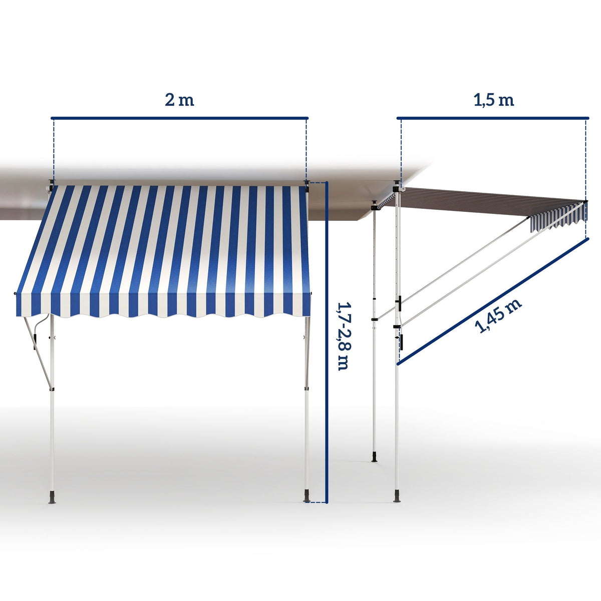 Folding Arm Awning Clamp-On Height Adjustable 200x150cm Aluminum Blue/White