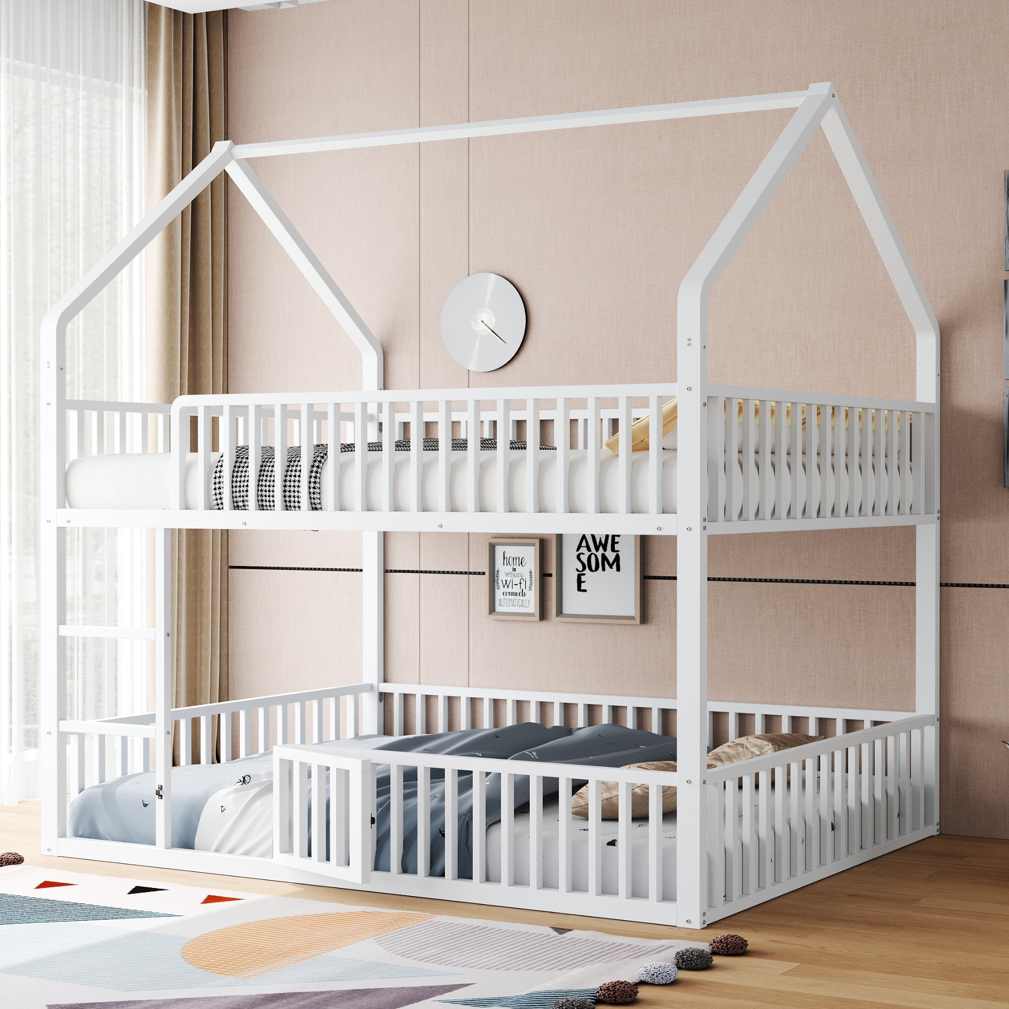 Children's Bunk Bed 140*200, Double Bed with Stairs & Loft Design, White Metal