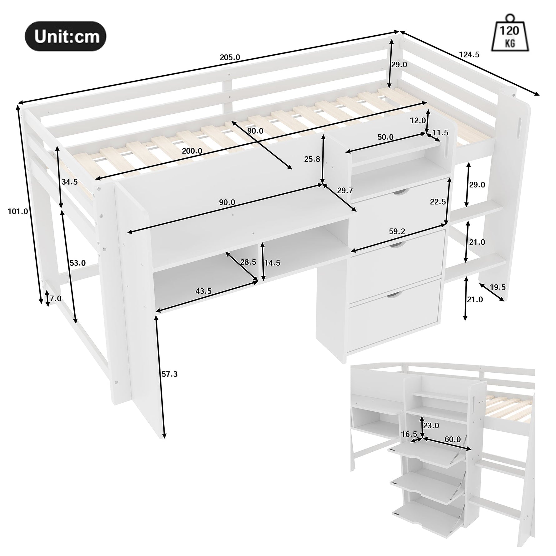 Mid-height Bed 90x200cm House Shape Storage Entertainment Area, White
