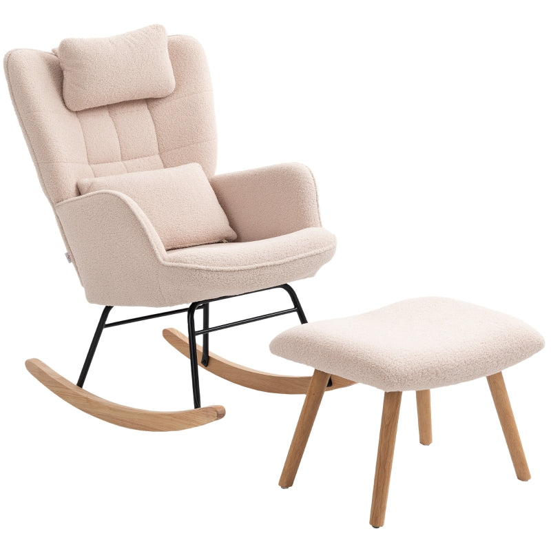 Rocking Chair & Footstool, High Back, Soft Fleece, Wooden Legs, Beige