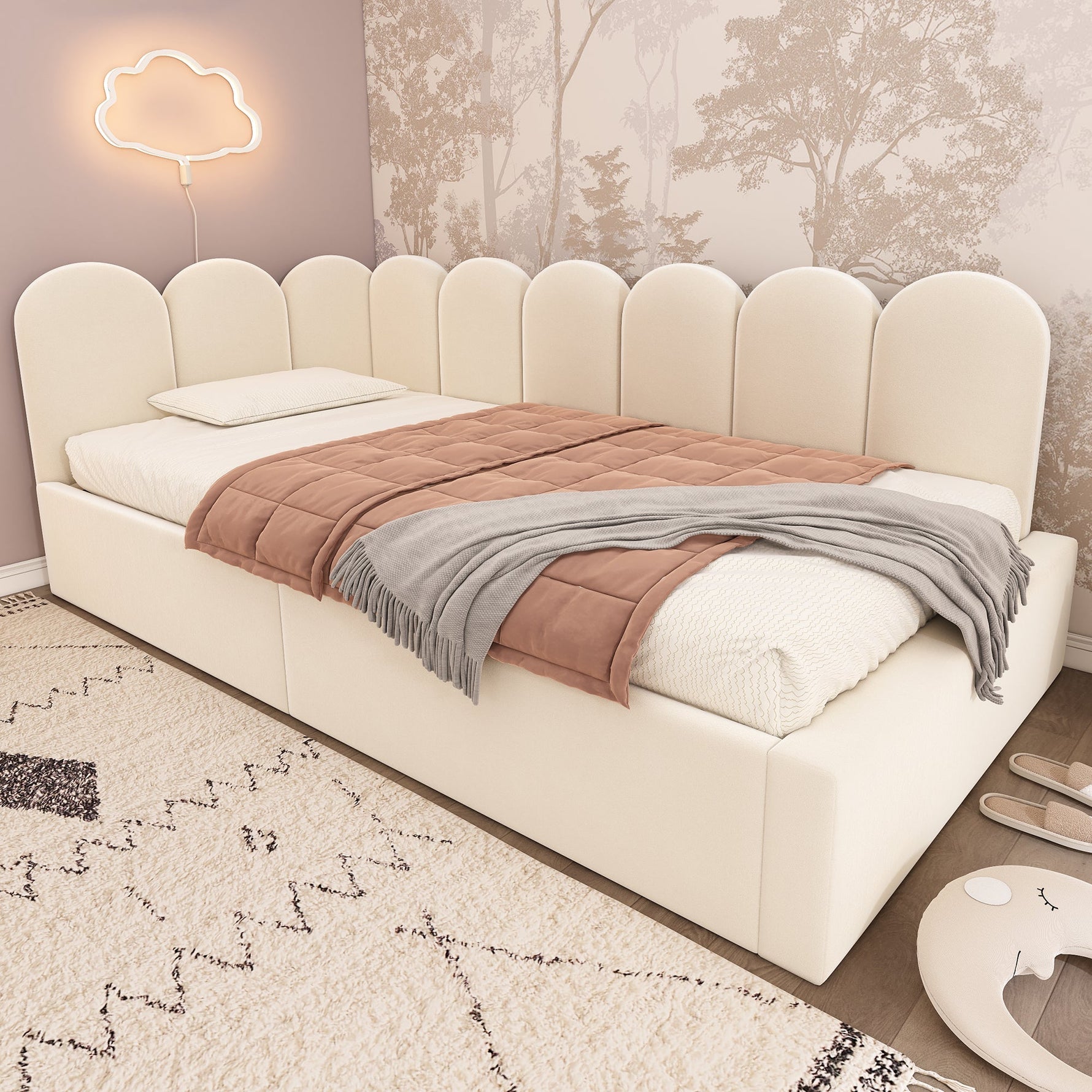 Upholstered Daybed Sofa Bed 90x190cm Hydraulic Storage Metal Slatted Base, Beige Velvet