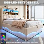 Upholstered Bed 140x200 with Storage & LED, Beige Linen