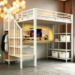 Iron Loft Bed 90x200cm with Desk, Pegboard & Storage - White