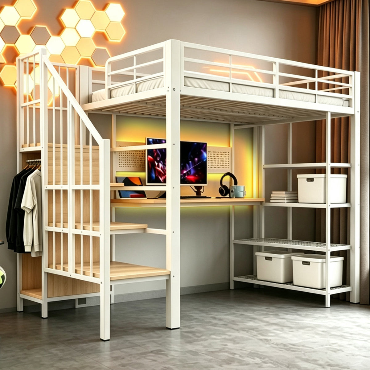 Iron Loft Bed 90x200cm with Desk, Pegboard & Storage - White