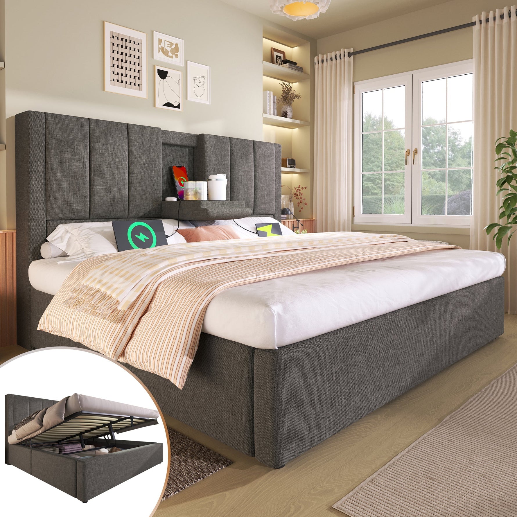 Upholstered Bed 160x200cm Hydraulic Storage with Hidden Cup Holder & Charging Station Linen Grey