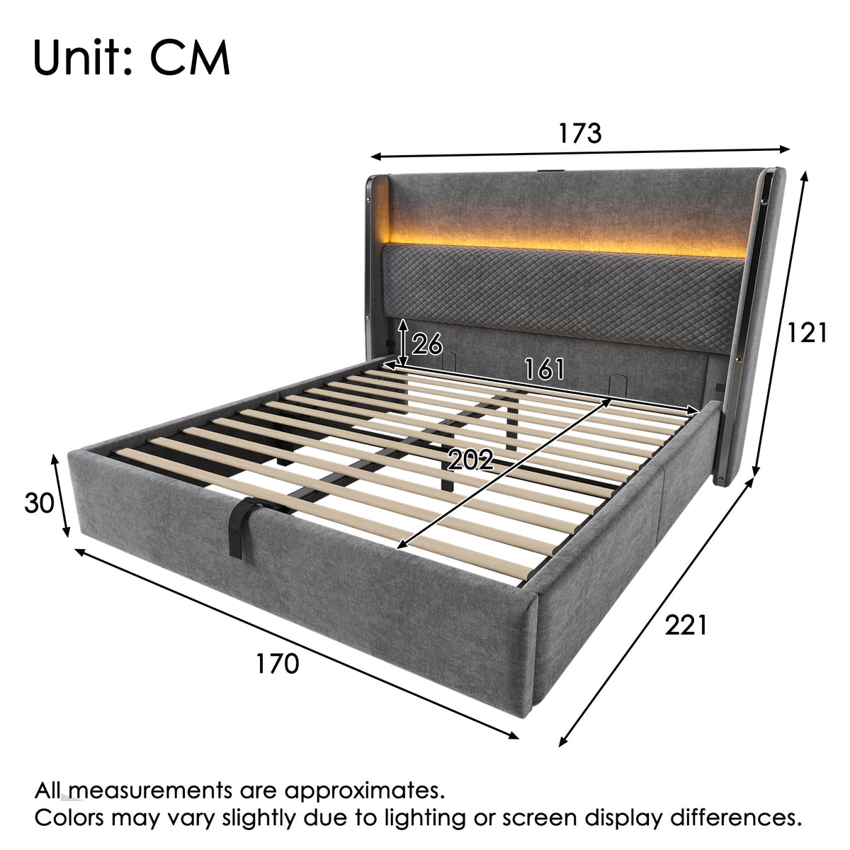 Modern Hydraulic Bed, 160x200cm LED Storage USB/Type-C, Linen Look Grey (with Mattress)