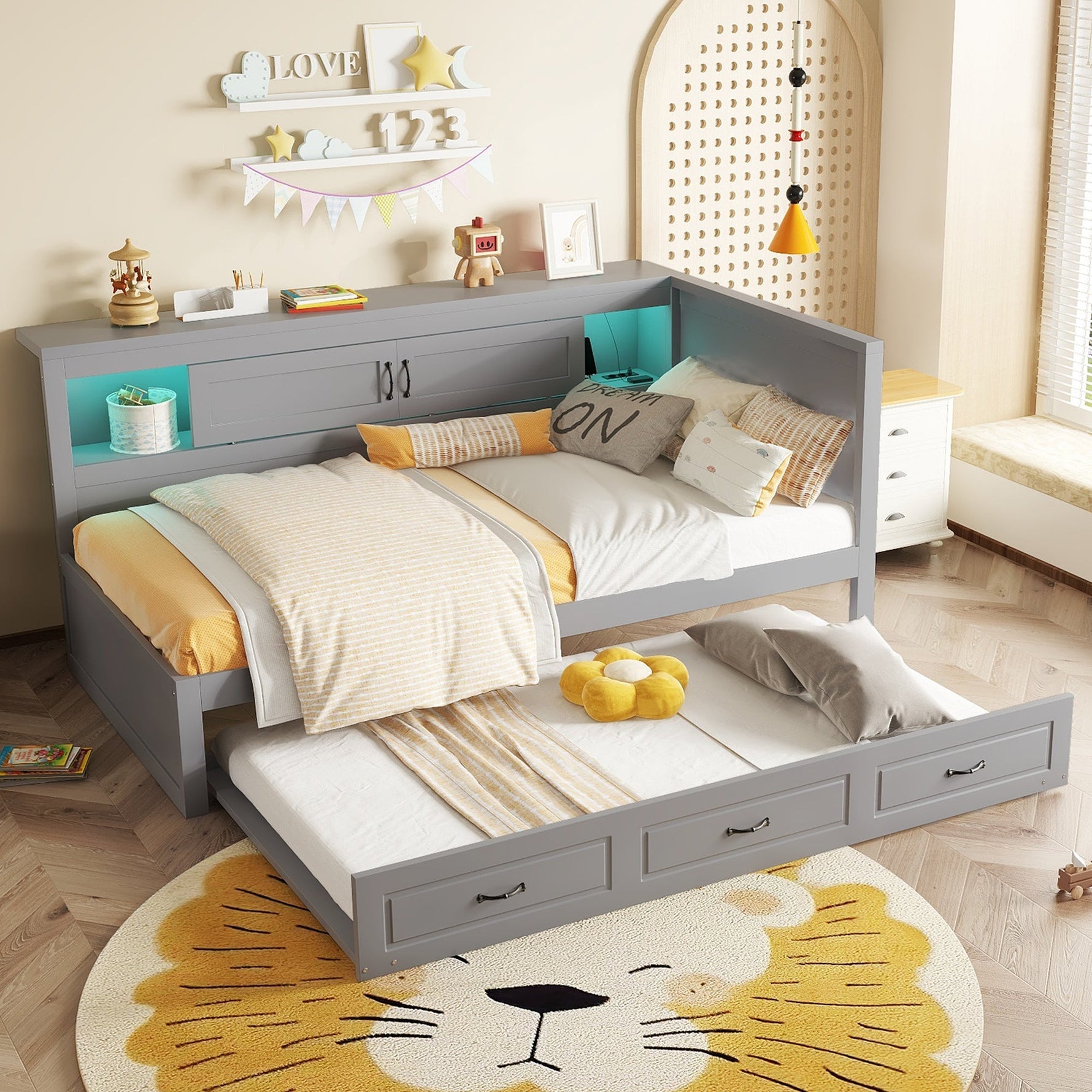 Sofa Bed Daybed 90x200cm Pull-out Bed LED Storage USB Outlet - Grey