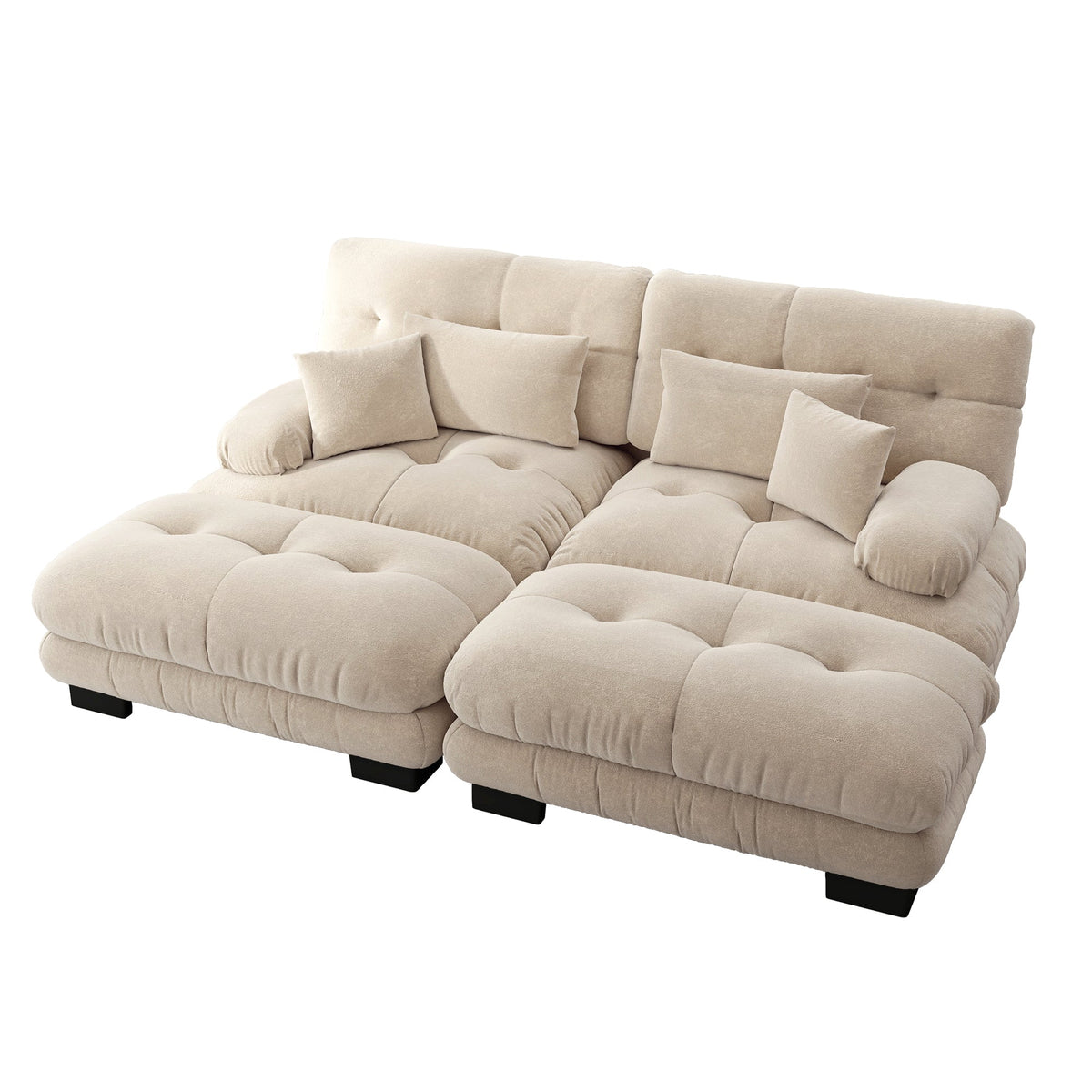 Cloud Corner Sofa, Double with Lumbar & Decorative Pillows, Ottomans, Chenille Light Brown