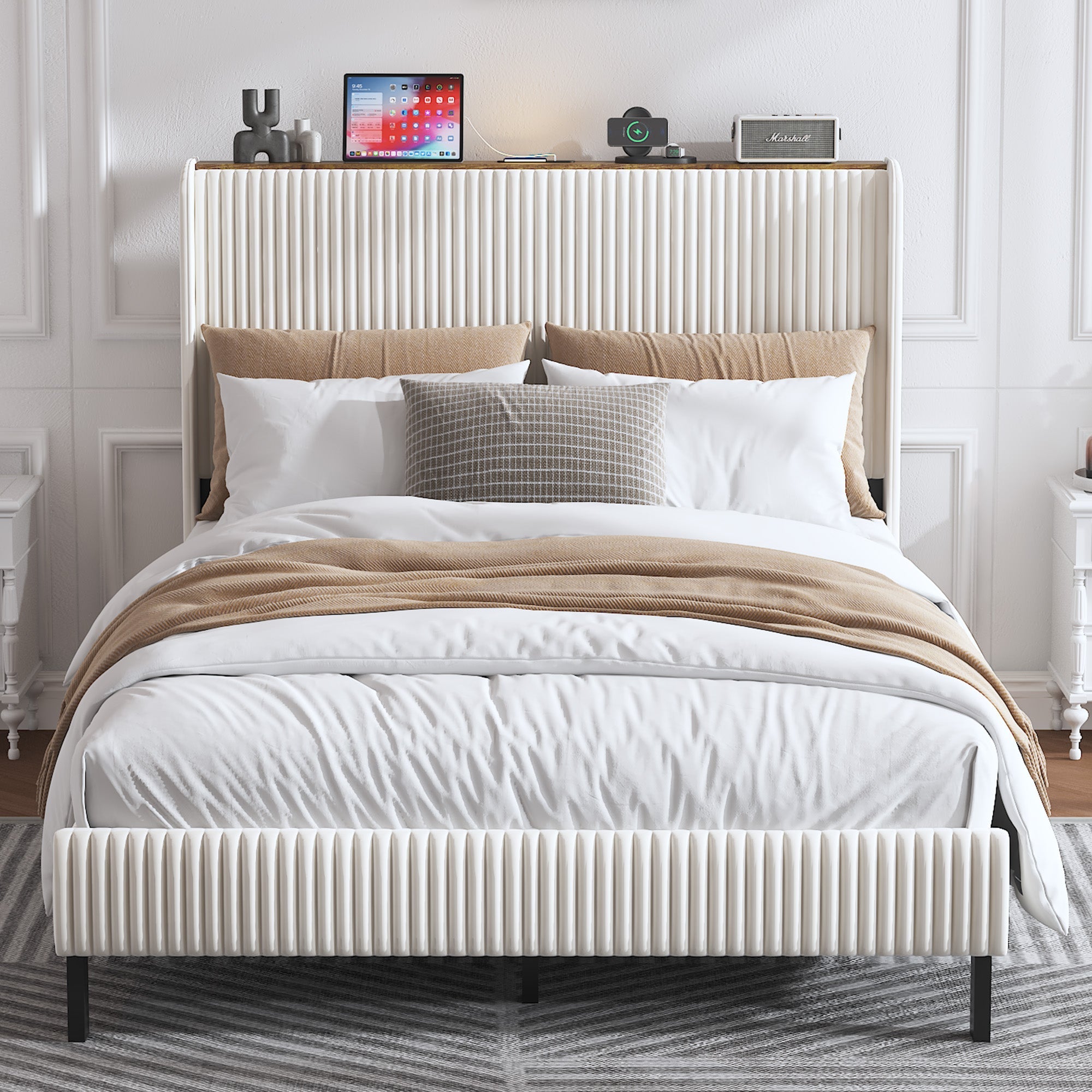 Bed Frame 140x200 Upholstered Platform Wing Edge Design Metal Slats Fabric Headboard
