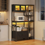 Kitchen Baker's Rack with Power Outlet and LED Lights, Microwave Shelf and Wine Glass Holder, Particle Board and Stainless Steel