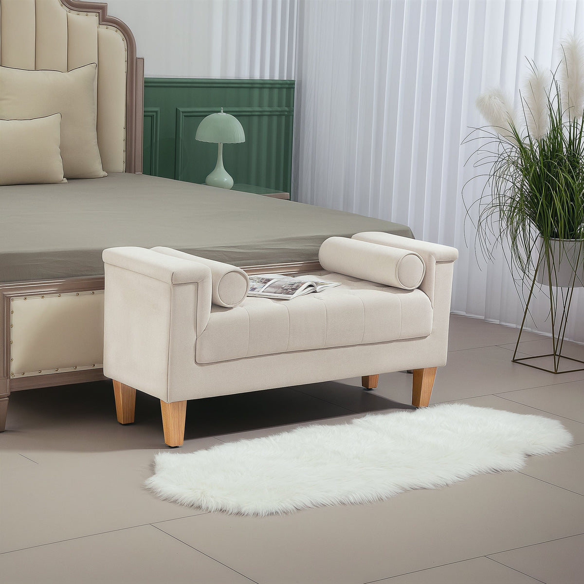 Upholstered Bench, Armrest Bed Bench, 2 Cylinder Cushions, Wooden Frame, Beige Chenille